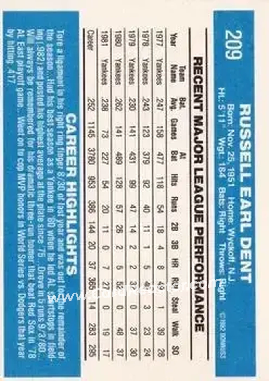 1982 Donruss #209 - Bucky Dent - New York Yankees - Back 1982 Donruss #209 - Bucky Dent - New York Yankees - Back