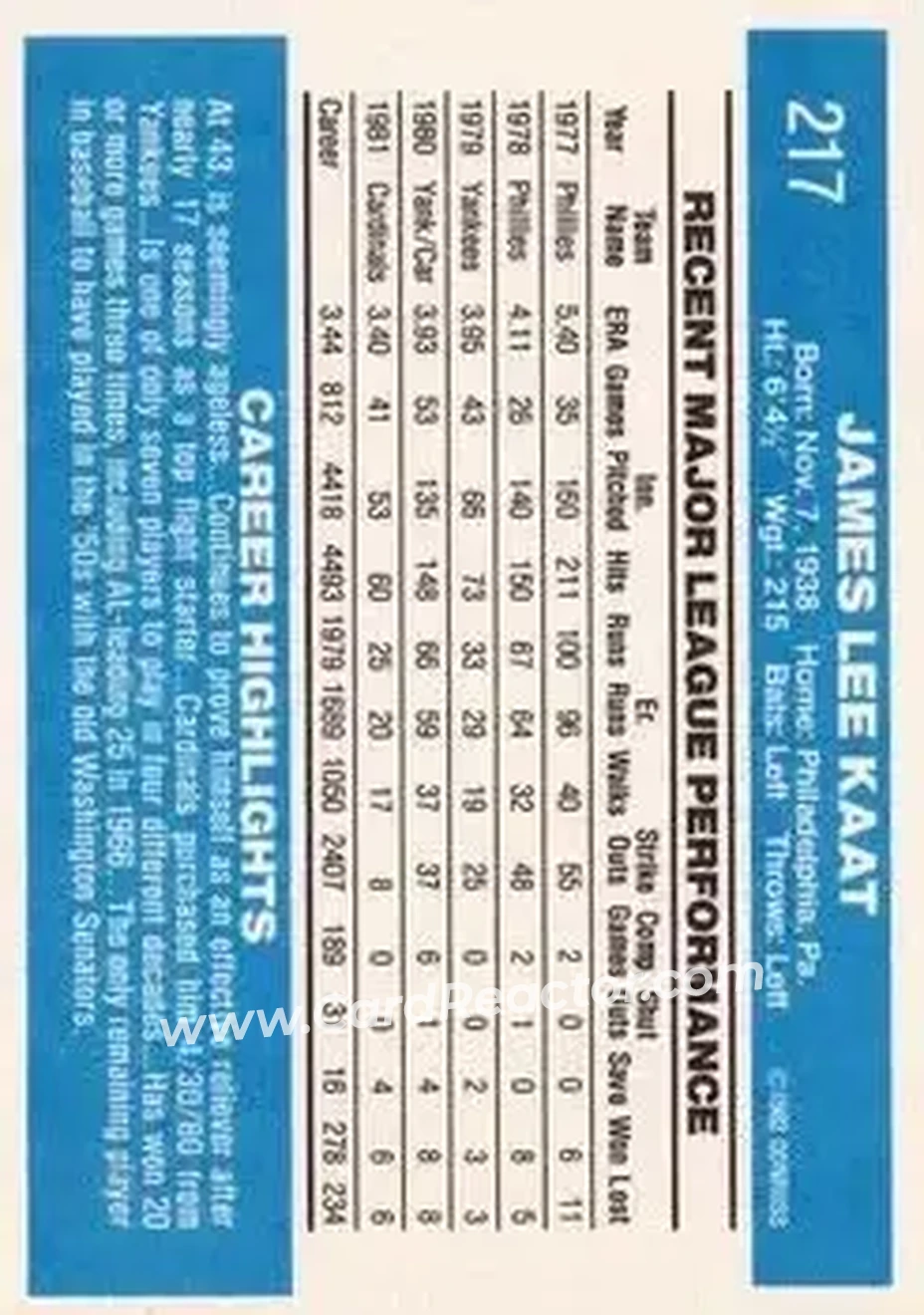 1982 Donruss #217 - Jim Kaat - St. Louis Cardinals - Back 1982 Donruss #217 - Jim Kaat - St. Louis Cardinals - Back
