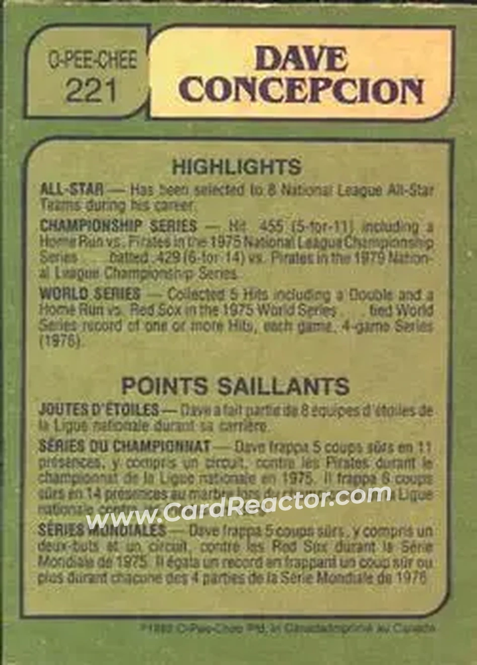 1982 O-Pee-Chee #221 - Dave Concepcion - Cincinnati Reds - Back