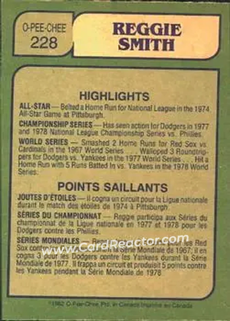 1982 O-Pee-Chee #228 - Reggie Smith - Los Angeles Dodgers - Back