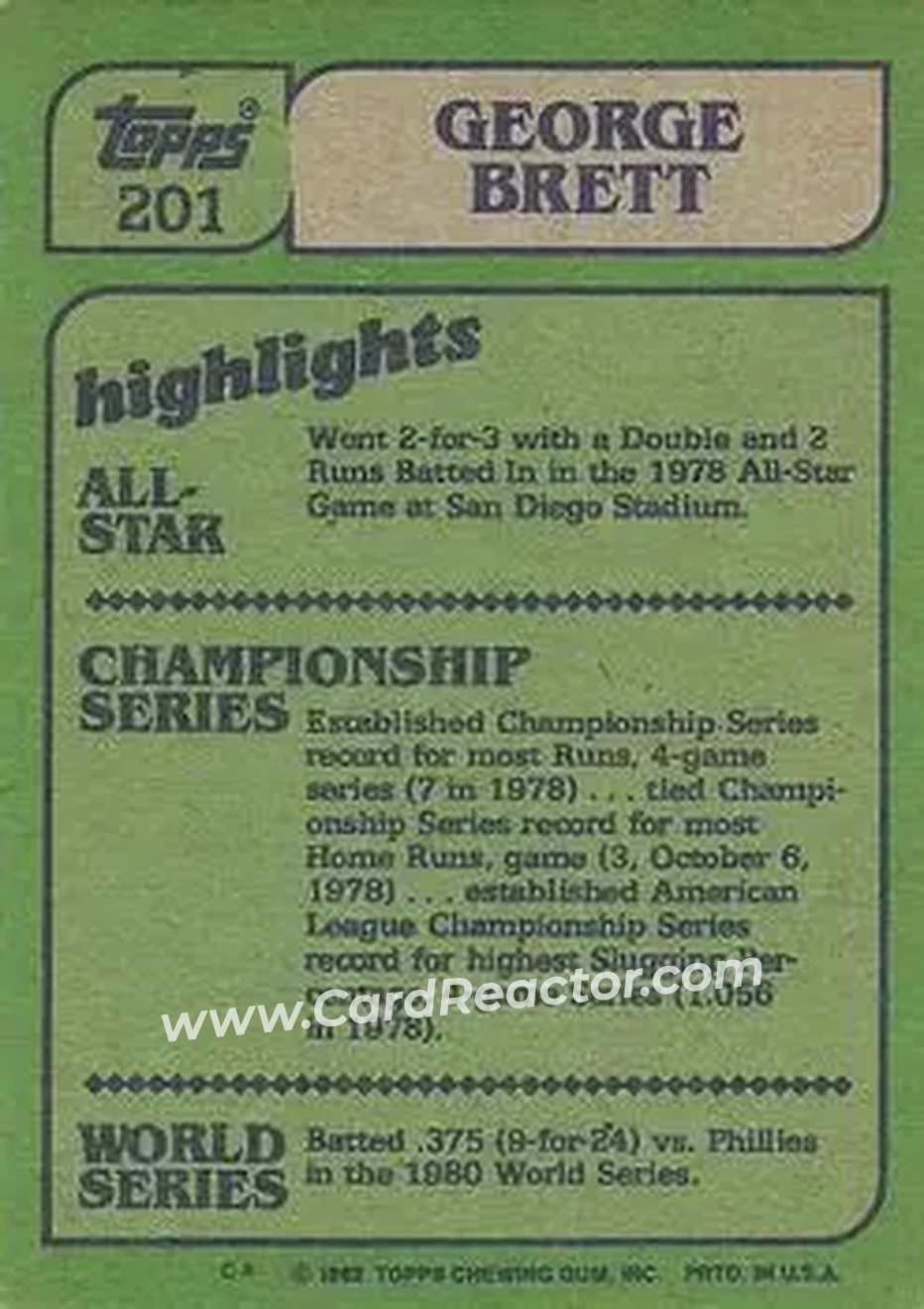 1982 Topps #201 - George Brett - Kansas City Royals - Back