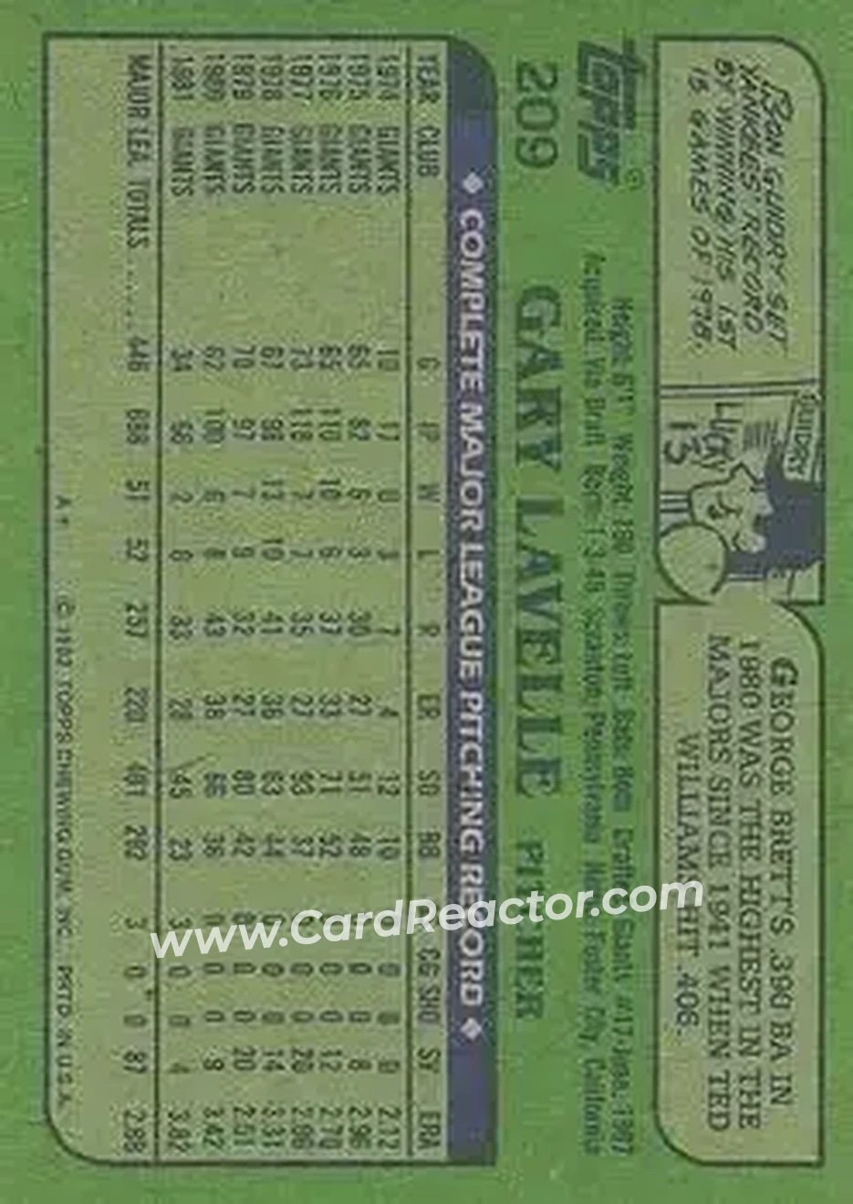 1982 Topps #209 - Gary Lavelle - San Francisco Giants - Back