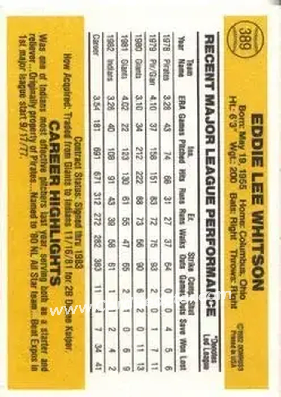 1983 Donruss #389 - Eddie Whitson - Cleveland Indians - Back 1983 Donruss #389 - Eddie Whitson - Cleveland Indians - Back