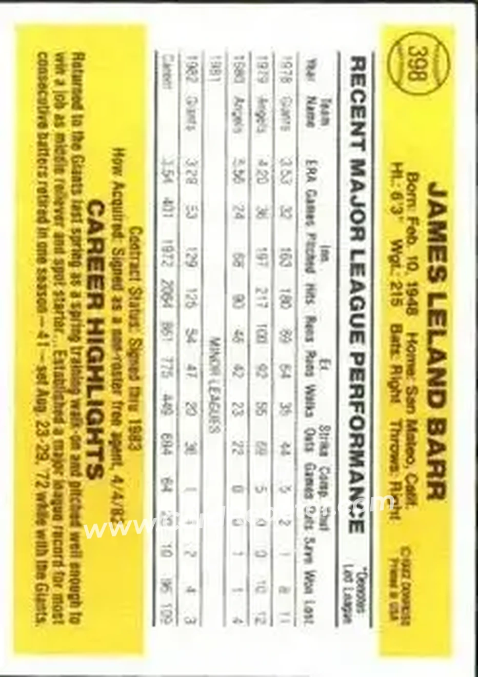 1983 Donruss #398 - Jim Barr - San Francisco Giants - Back 1983 Donruss #398 - Jim Barr - San Francisco Giants - Back