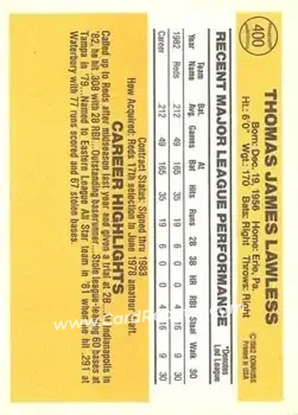 1983 Donruss #400 - Tom Lawless - Cincinnati Reds - Back 1983 Donruss #400 - Tom Lawless - Cincinnati Reds - Back
