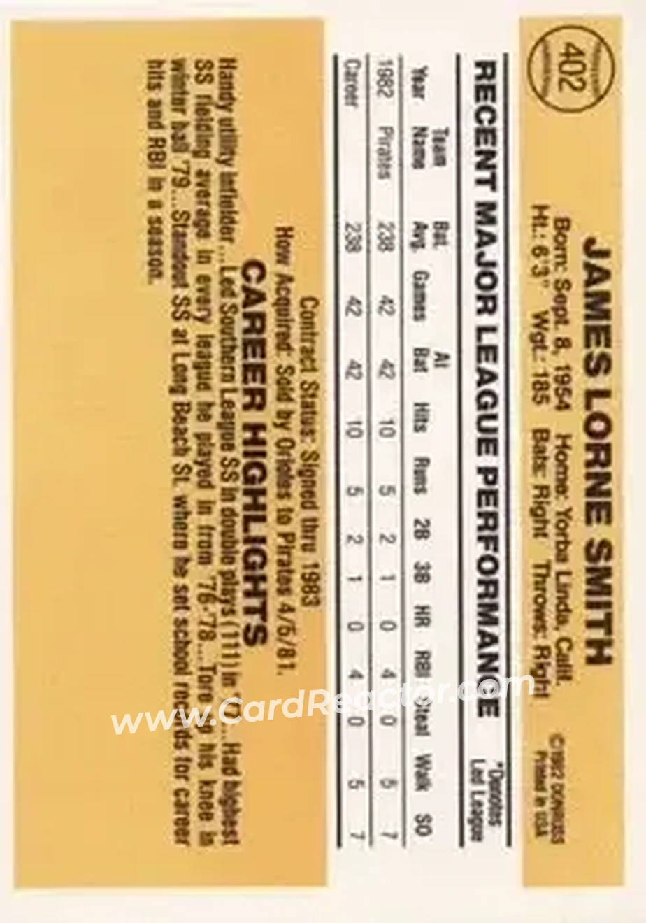 1983 Donruss #402 - Jimmy Smith - Pittsburgh Pirates - Back 1983 Donruss #402 - Jimmy Smith - Pittsburgh Pirates - Back
