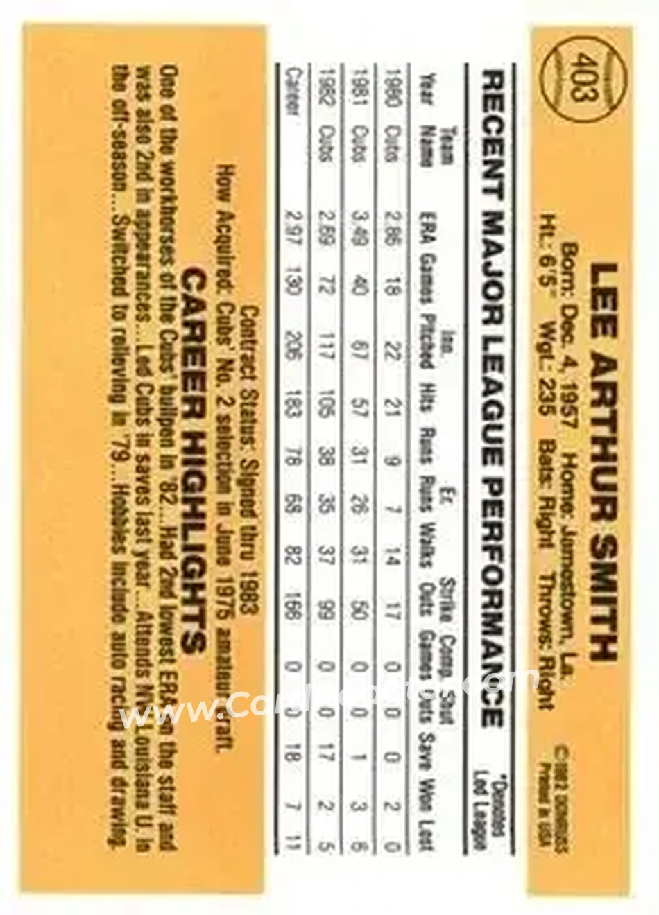 1983 Donruss #403 - Lee Smith - Chicago Cubs - Back 1983 Donruss #403 - Lee Smith - Chicago Cubs - Back