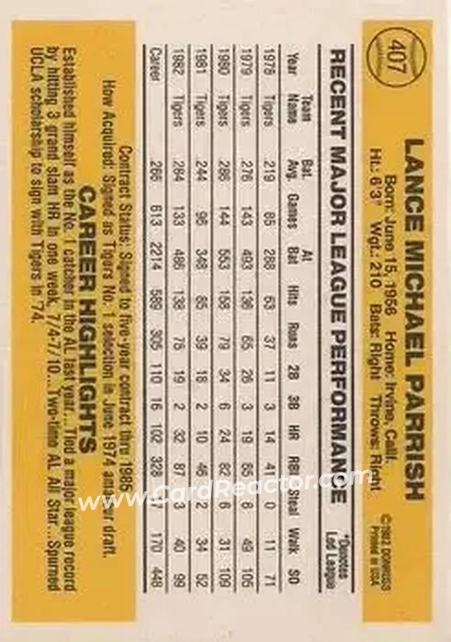 1983 Donruss #407 - Lance Parrish - Detroit Tigers - Back