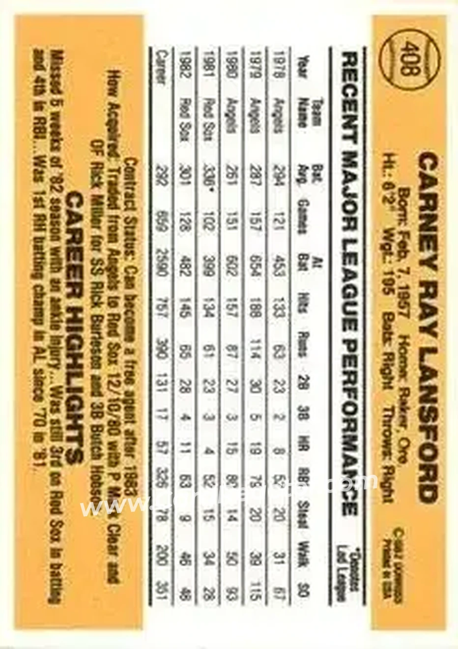 1983 Donruss #408 - Carney Lansford - Boston Red Sox - Back 1983 Donruss #408 - Carney Lansford - Boston Red Sox - Back