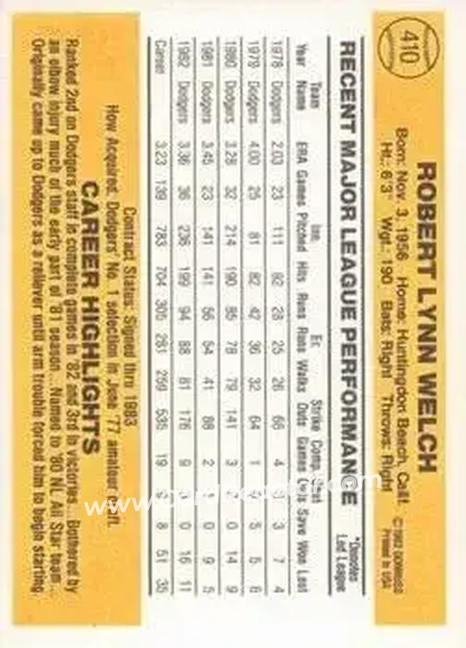 1983 Donruss #410 - Bob Welch - Los Angeles Dodgers - Back 1983 Donruss #410 - Bob Welch - Los Angeles Dodgers - Back