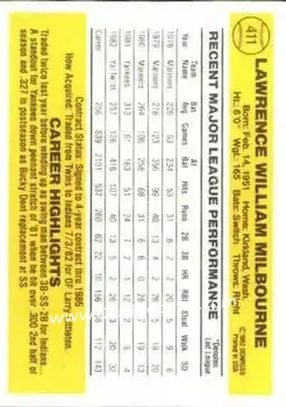 1983 Donruss #411 - Larry Milbourne - Cleveland Indians - Back 1983 Donruss #411 - Larry Milbourne - Cleveland Indians - Back
