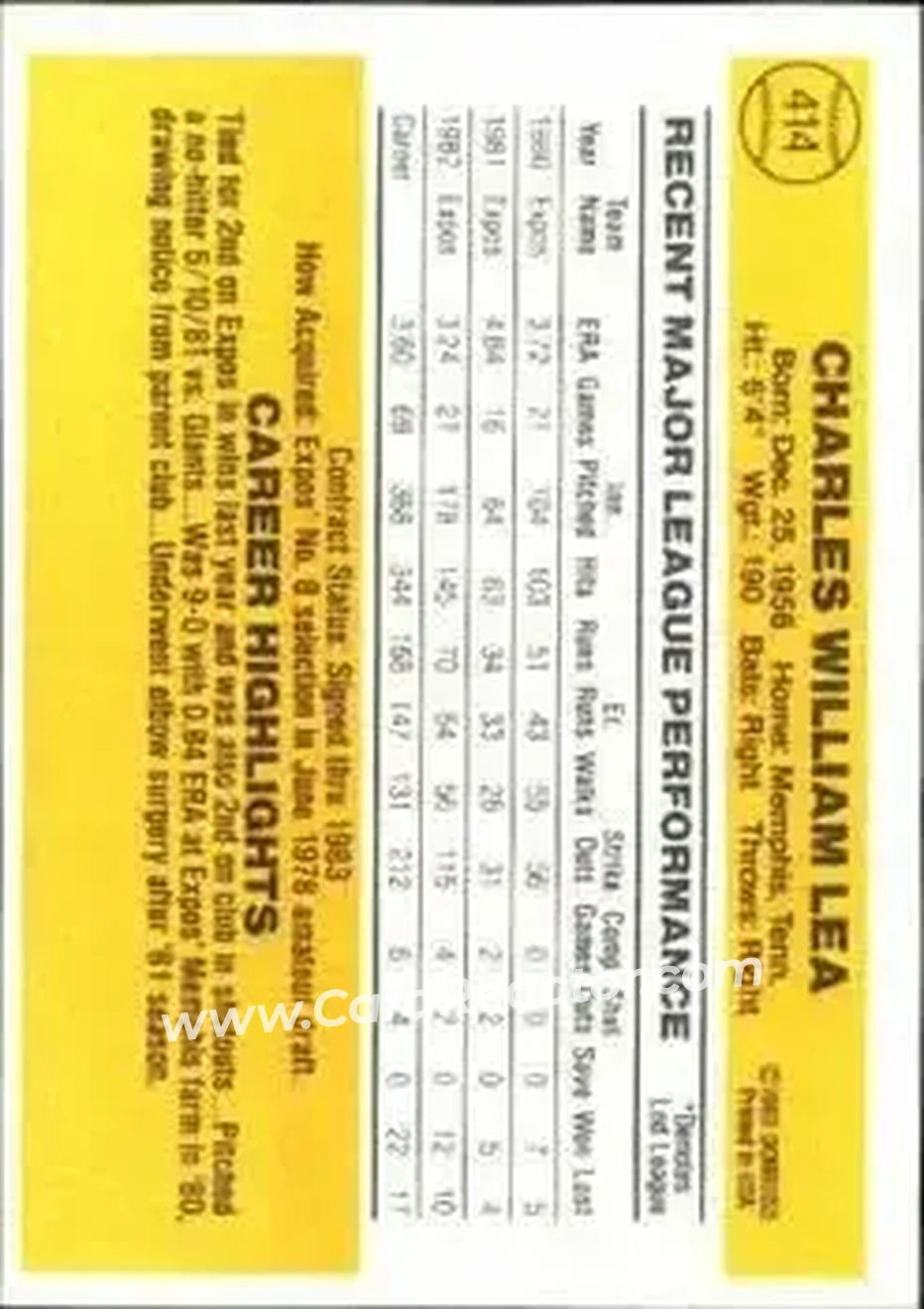 1983 Donruss #414 - Charlie Lea - Montreal Expos - Back 1983 Donruss #414 - Charlie Lea - Montreal Expos - Back