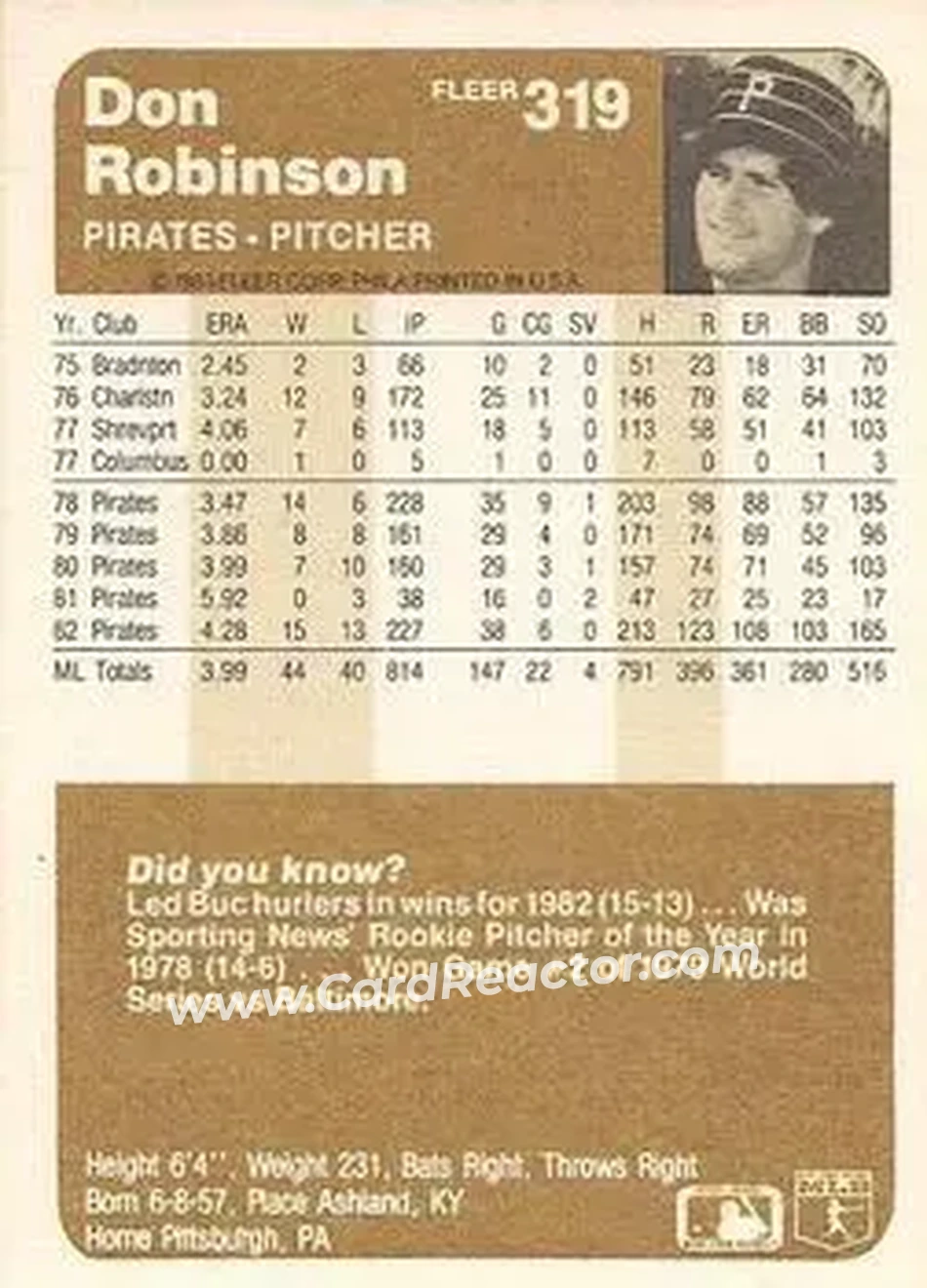 1983 Fleer #319 - Don Robinson - Pittsburgh Pirates - Back