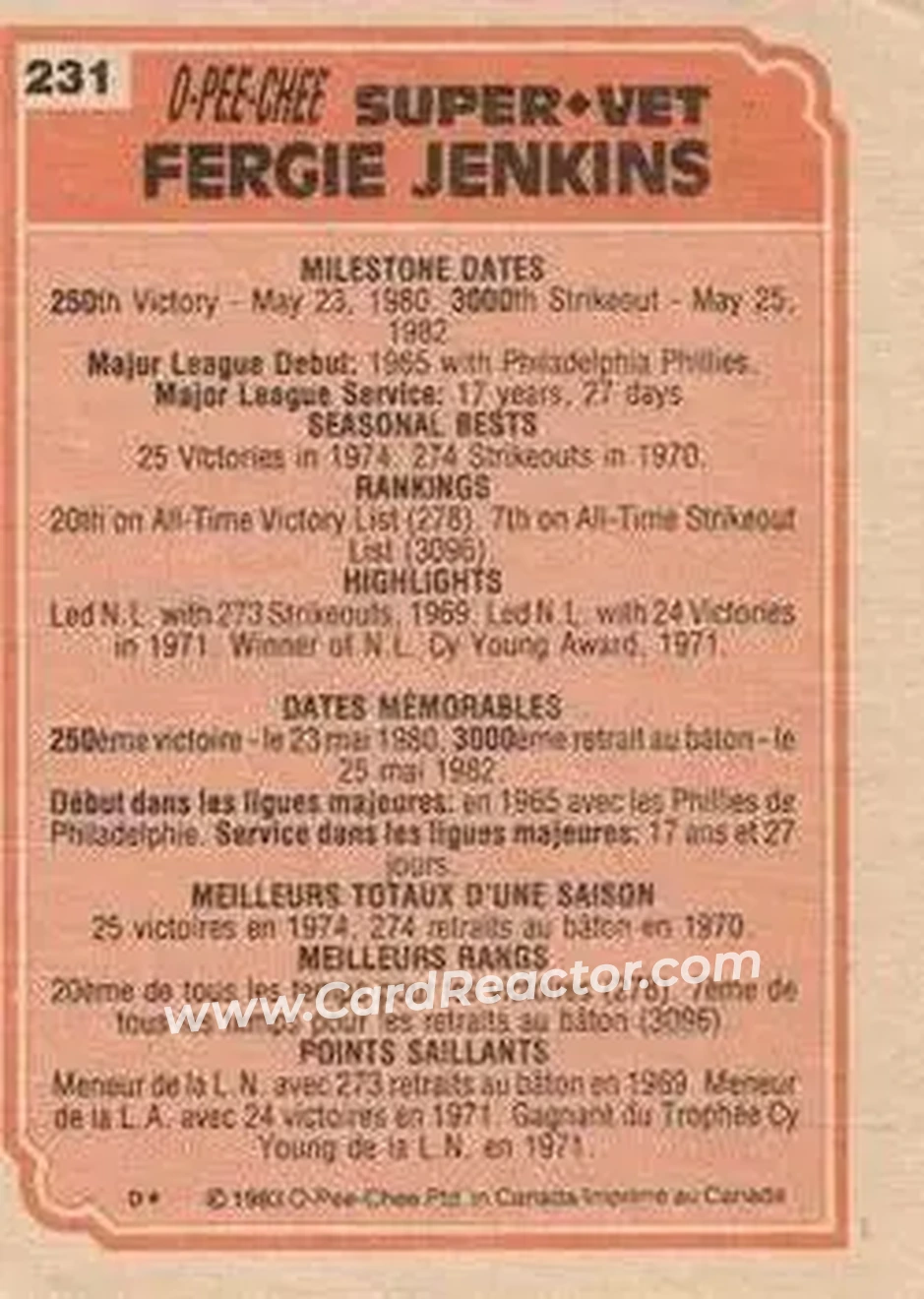 1983 O-Pee-Chee #231 - Ferguson Jenkins - Back 1983 O-Pee-Chee #231 - Ferguson Jenkins - Back