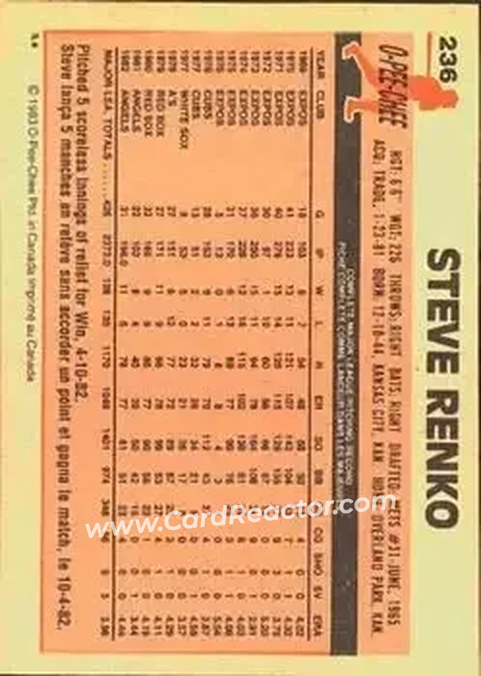1983 O-Pee-Chee #236 - Steve Renko - California Angels - Back 1983 O-Pee-Chee #236 - Steve Renko - California Angels - Back