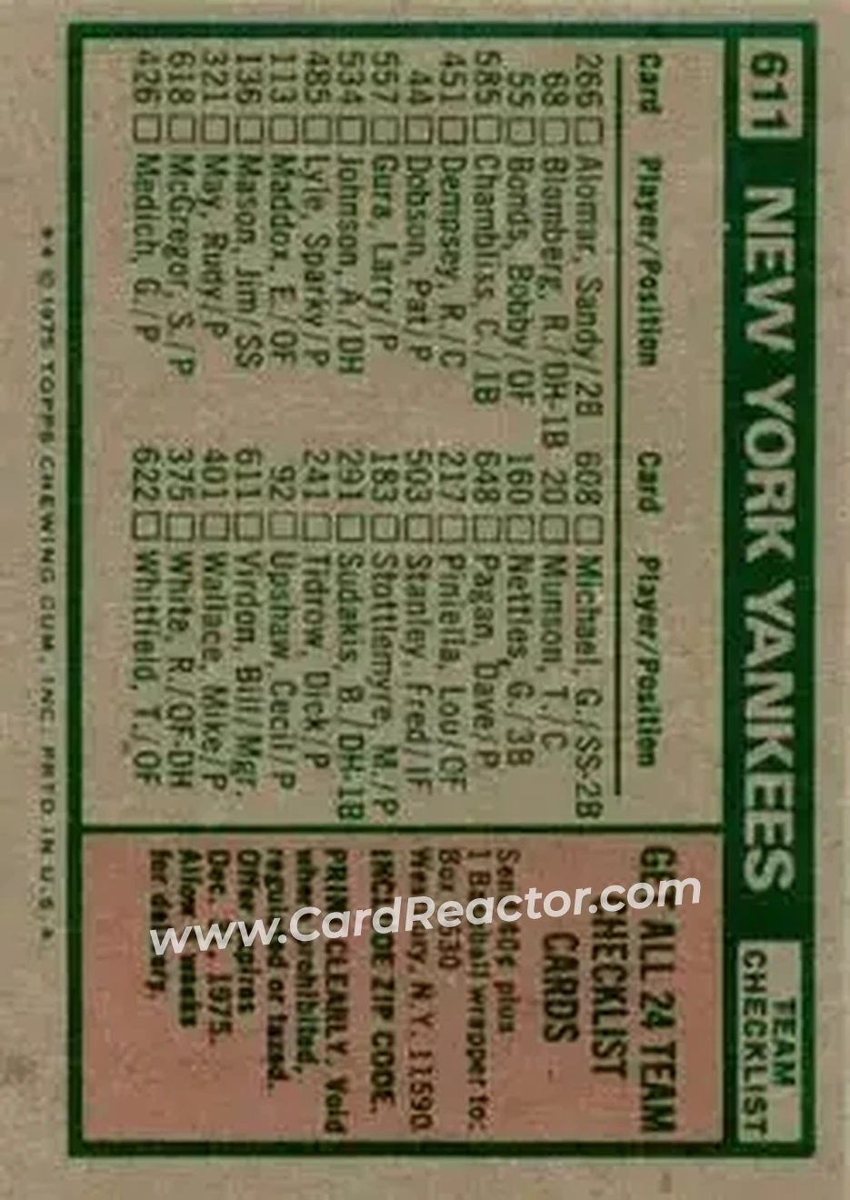 1975 Topps #611 - Card #611 - New York Yankees - Back 1975 Topps #611 - Card #611 - New York Yankees - Back