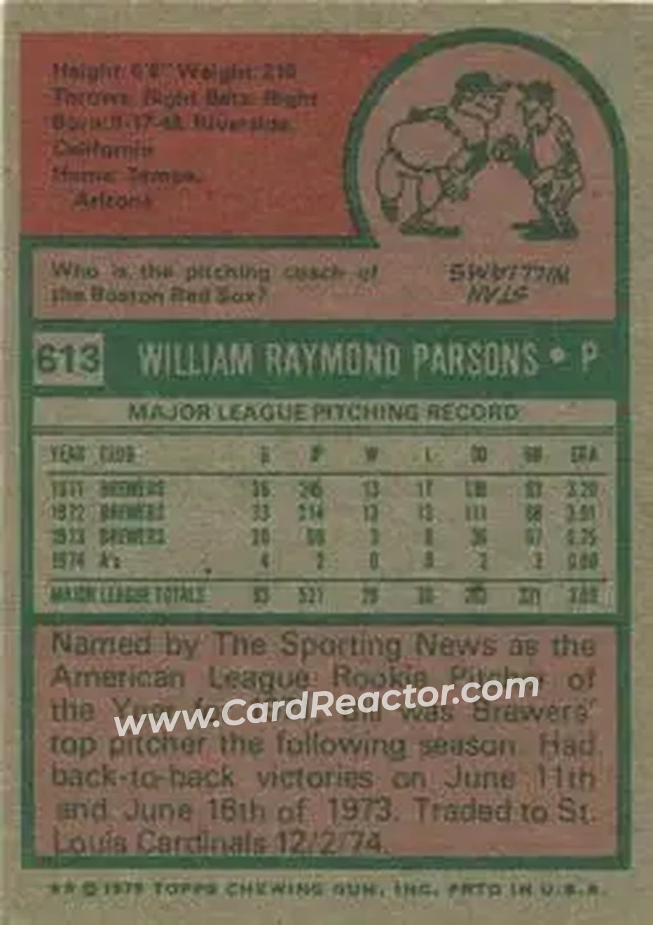 1975 Topps #613 - Bill Parsons - Oakland Athletics - Back 1975 Topps #613 - Bill Parsons - Oakland Athletics - Back