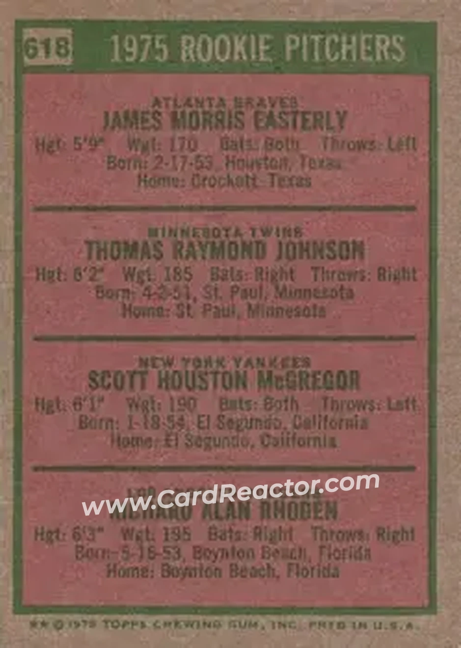 1975 Topps #618 - Card #618 - Back