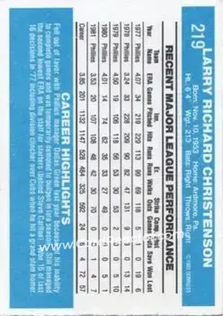 1982 Donruss #219 - Larry Christenson - Philadelphia Phillies - Back 1982 Donruss #219 - Larry Christenson - Philadelphia Phillies - Back