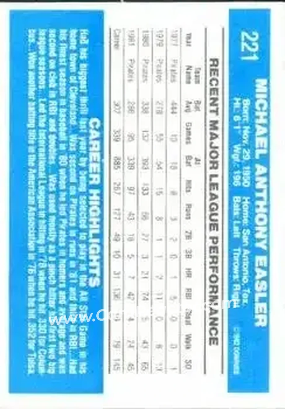 1982 Donruss #221 - Mike Easler - Pittsburgh Pirates - Back 1982 Donruss #221 - Mike Easler - Pittsburgh Pirates - Back