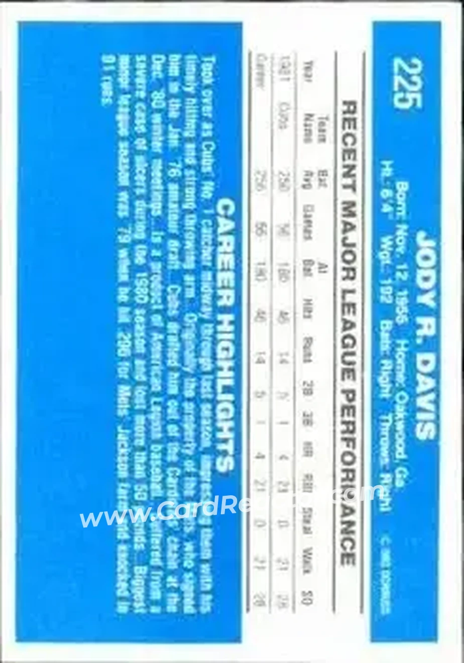 1982 Donruss #225 - Jody Davis - Chicago Cubs - Back