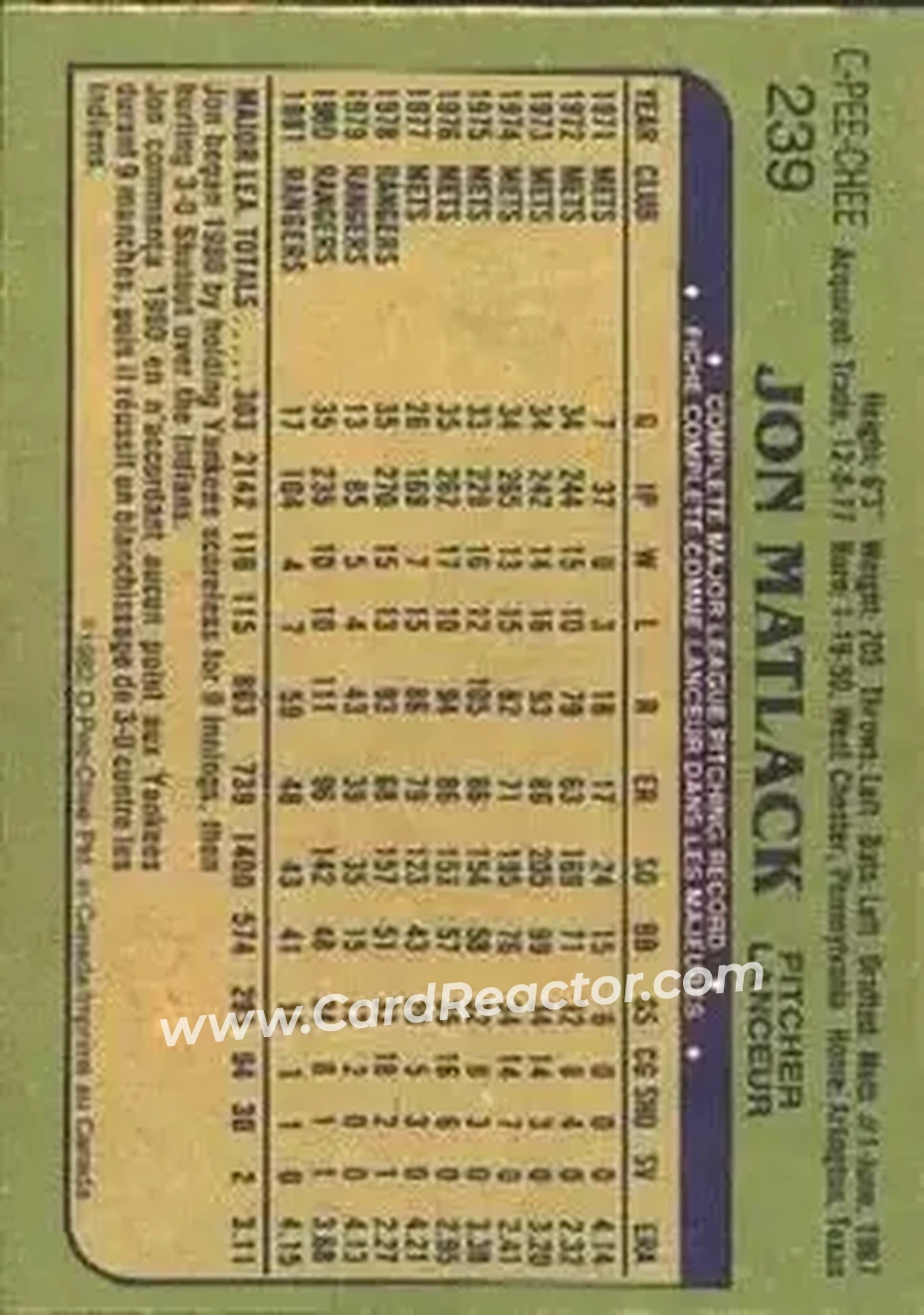 1982 O-Pee-Chee #239 - Jon Matlack - Texas Rangers - Back