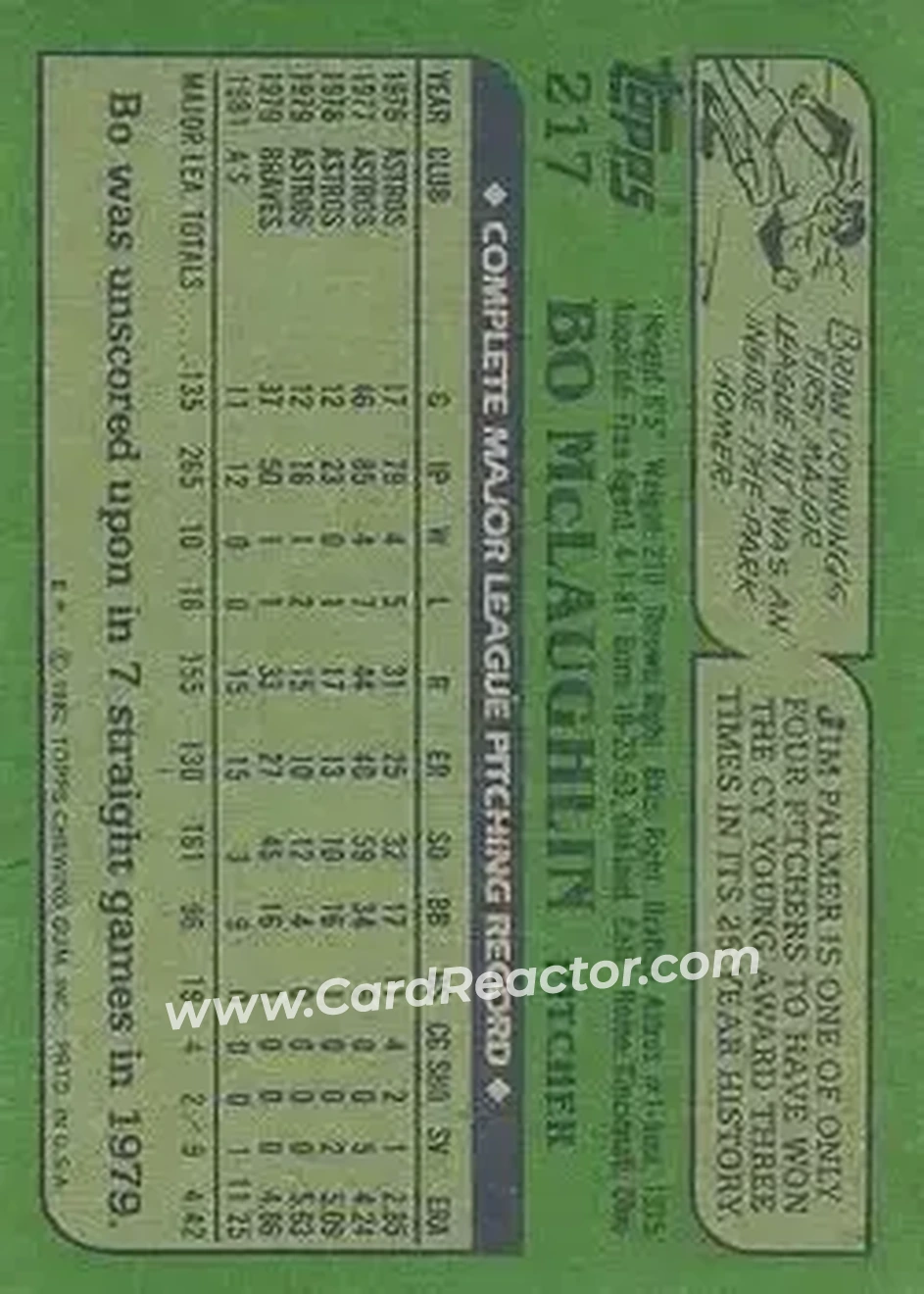 1982 Topps #217 - Bo McLaughlin - Oakland Athletics - Back