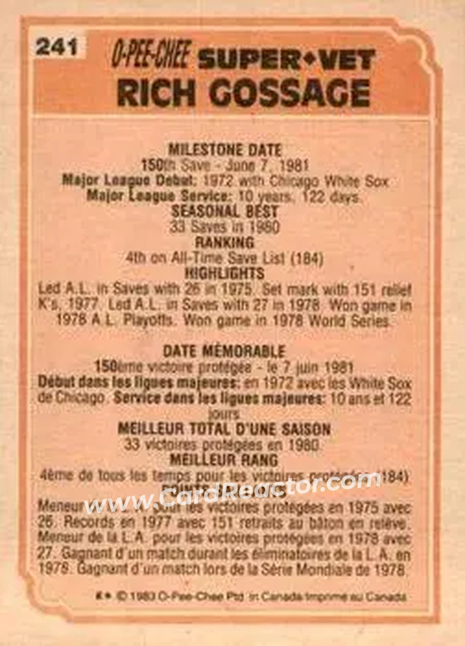1983 O-Pee-Chee #241 - Rich Gossage - Back 1983 O-Pee-Chee #241 - Rich Gossage - Back