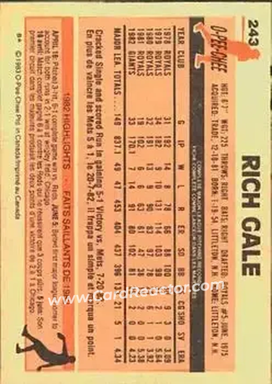 1983 O-Pee-Chee #243 - Rich Gale - Cincinnati Reds - Back 1983 O-Pee-Chee #243 - Rich Gale - Cincinnati Reds - Back