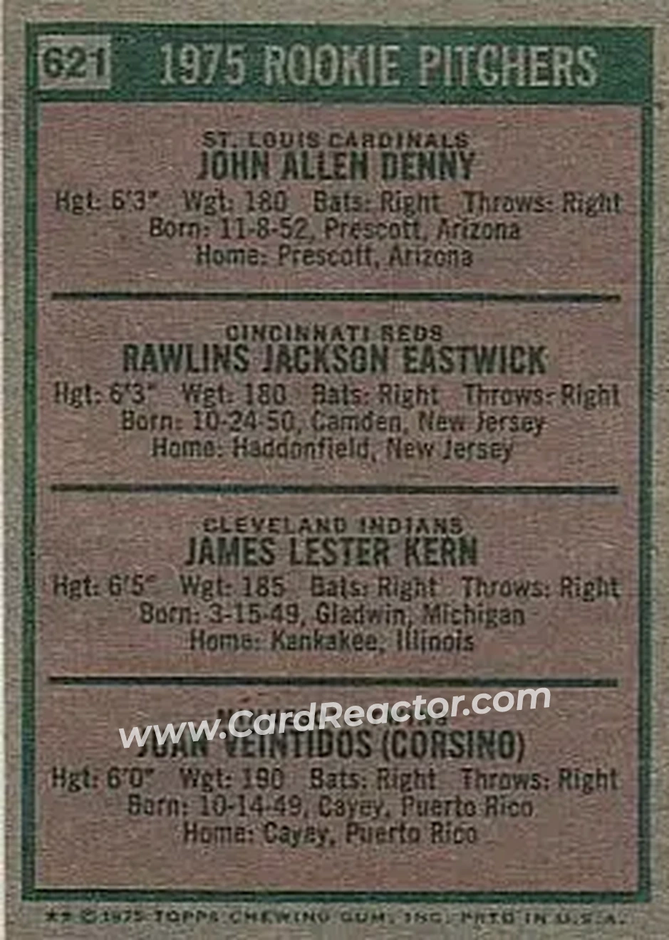 1975 Topps #621 - Card #621 - Back