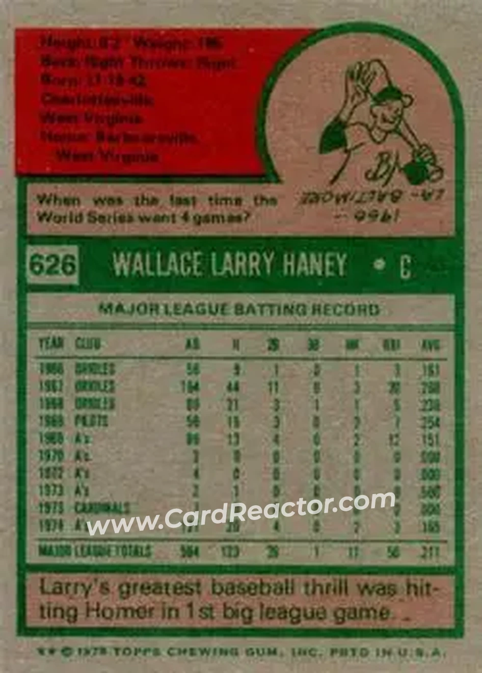 1975 Topps #626 - Larry Haney - Oakland Athletics - Back 1975 Topps #626 - Larry Haney - Oakland Athletics - Back