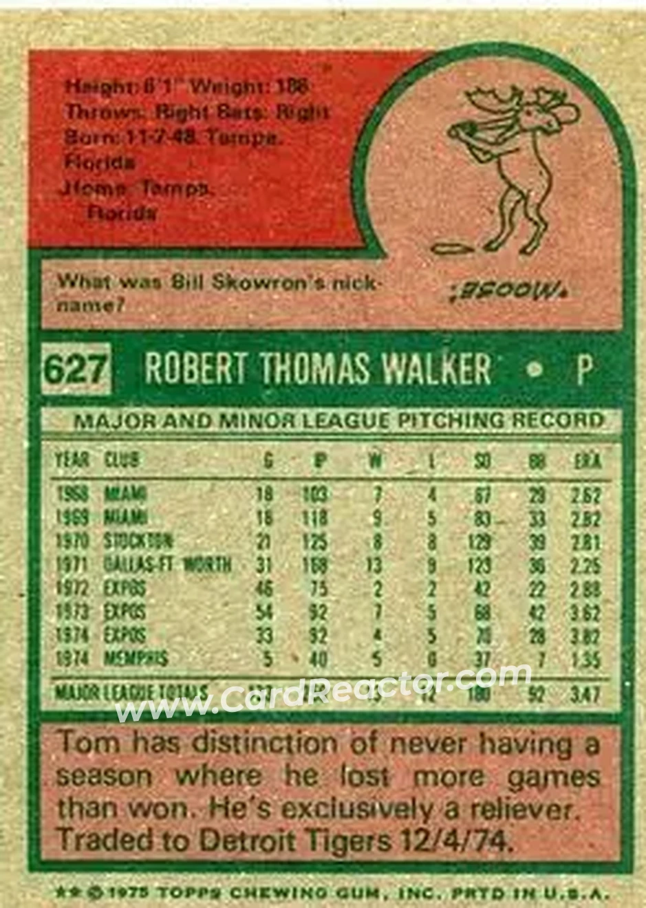 1975 Topps #627 - Tom Walker - Montreal Expos - Back