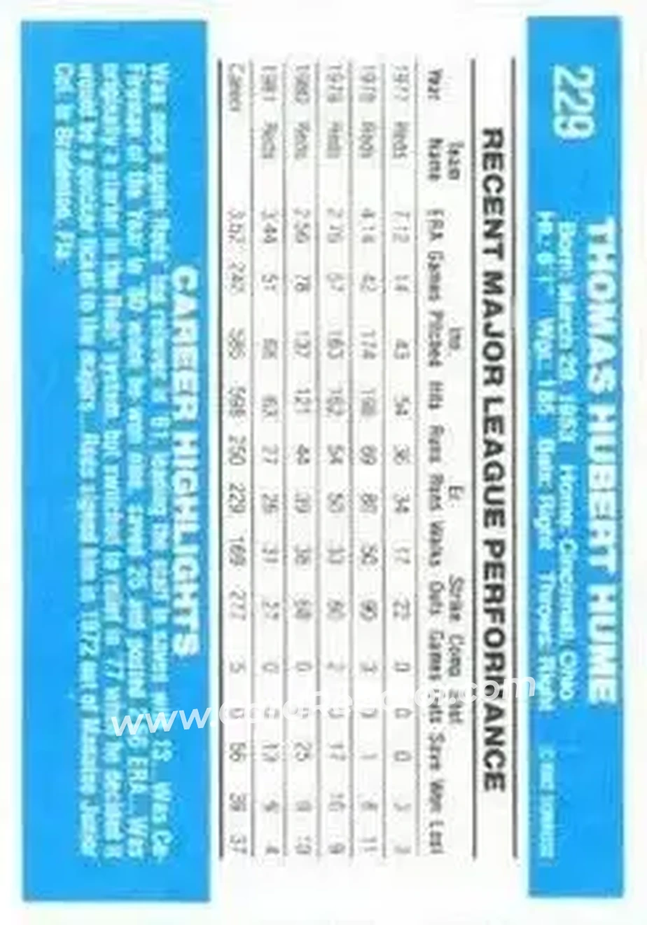 1982 Donruss #229 - Tom Hume - Cincinnati Reds - Back