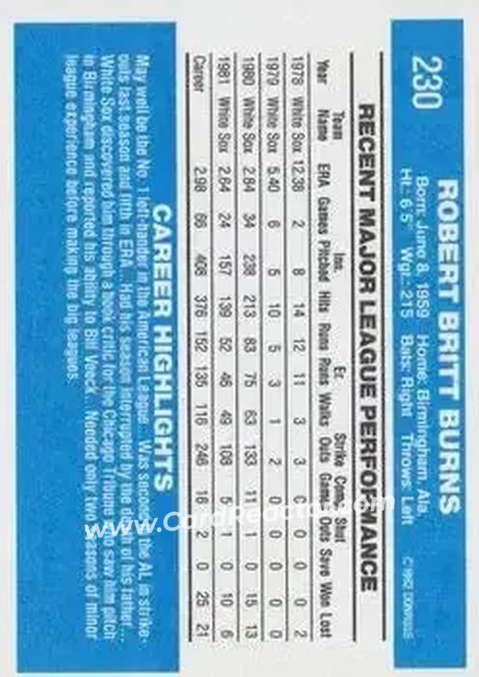 1982 Donruss #230 - Britt Burns - Chicago White Sox - Back 1982 Donruss #230 - Britt Burns - Chicago White Sox - Back