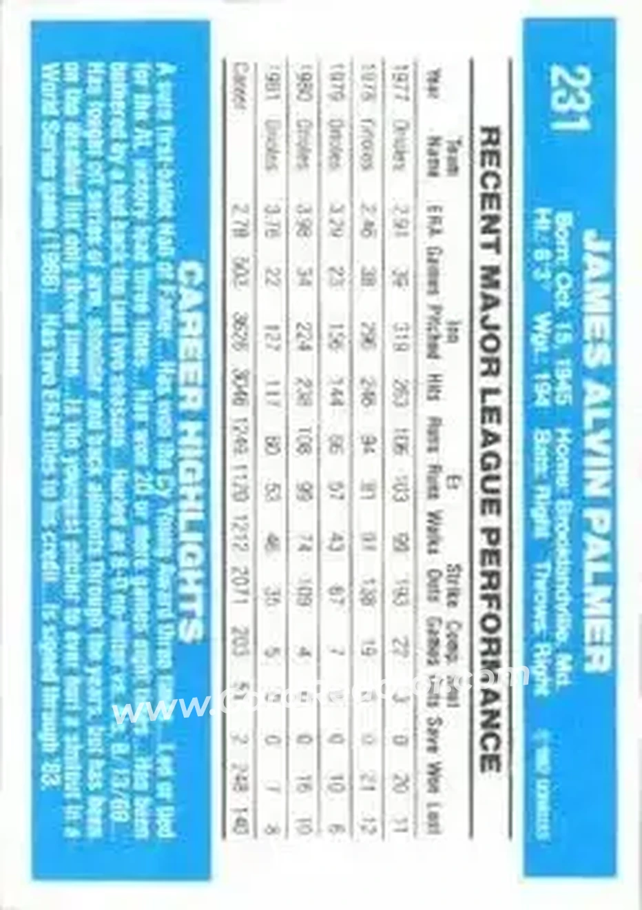 1982 Donruss #231 - Jim Palmer - Baltimore Orioles - Back 1982 Donruss #231 - Jim Palmer - Baltimore Orioles - Back