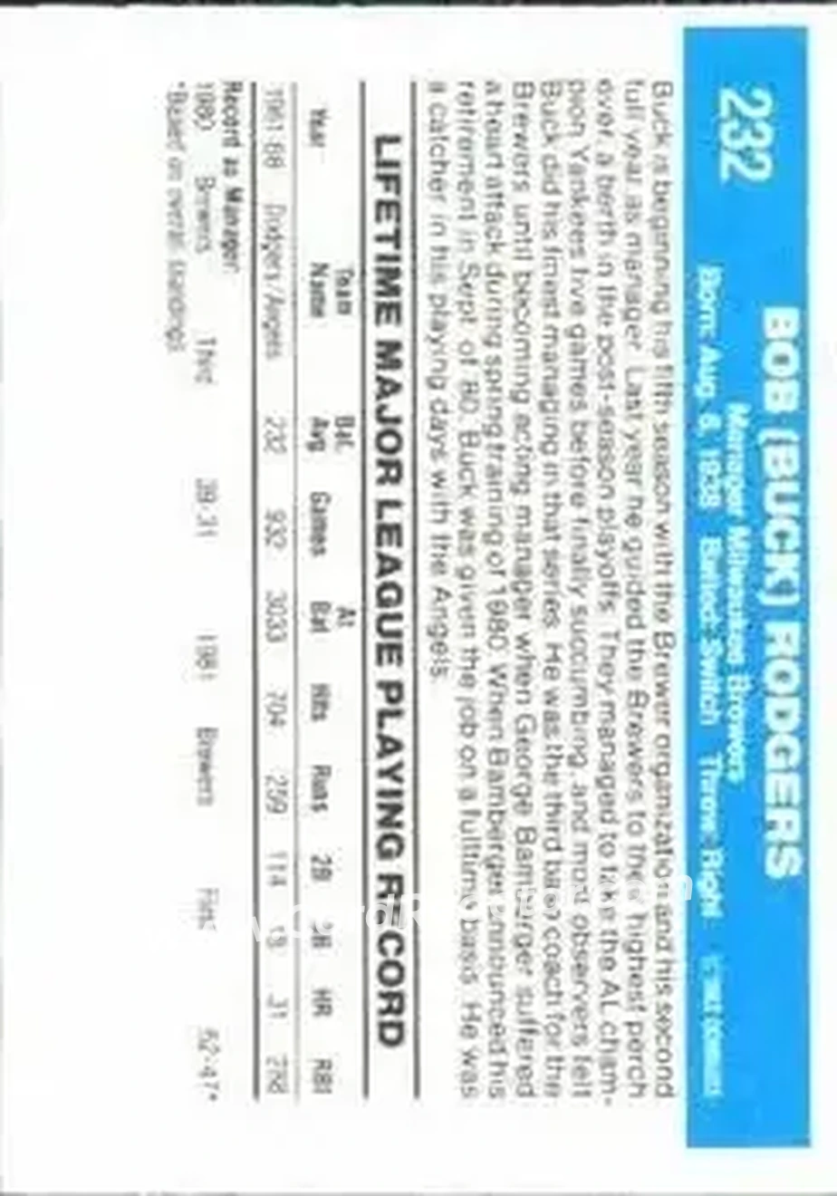1982 Donruss #232 - Bob Rodgers - Milwaukee Brewers - Back