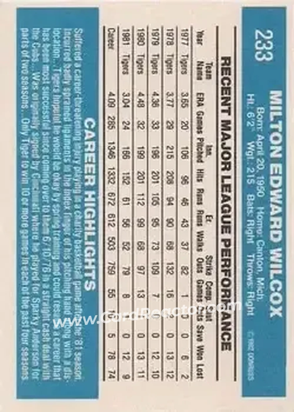 1982 Donruss #233 - Milt Wilcox - Detroit Tigers - Back 1982 Donruss #233 - Milt Wilcox - Detroit Tigers - Back