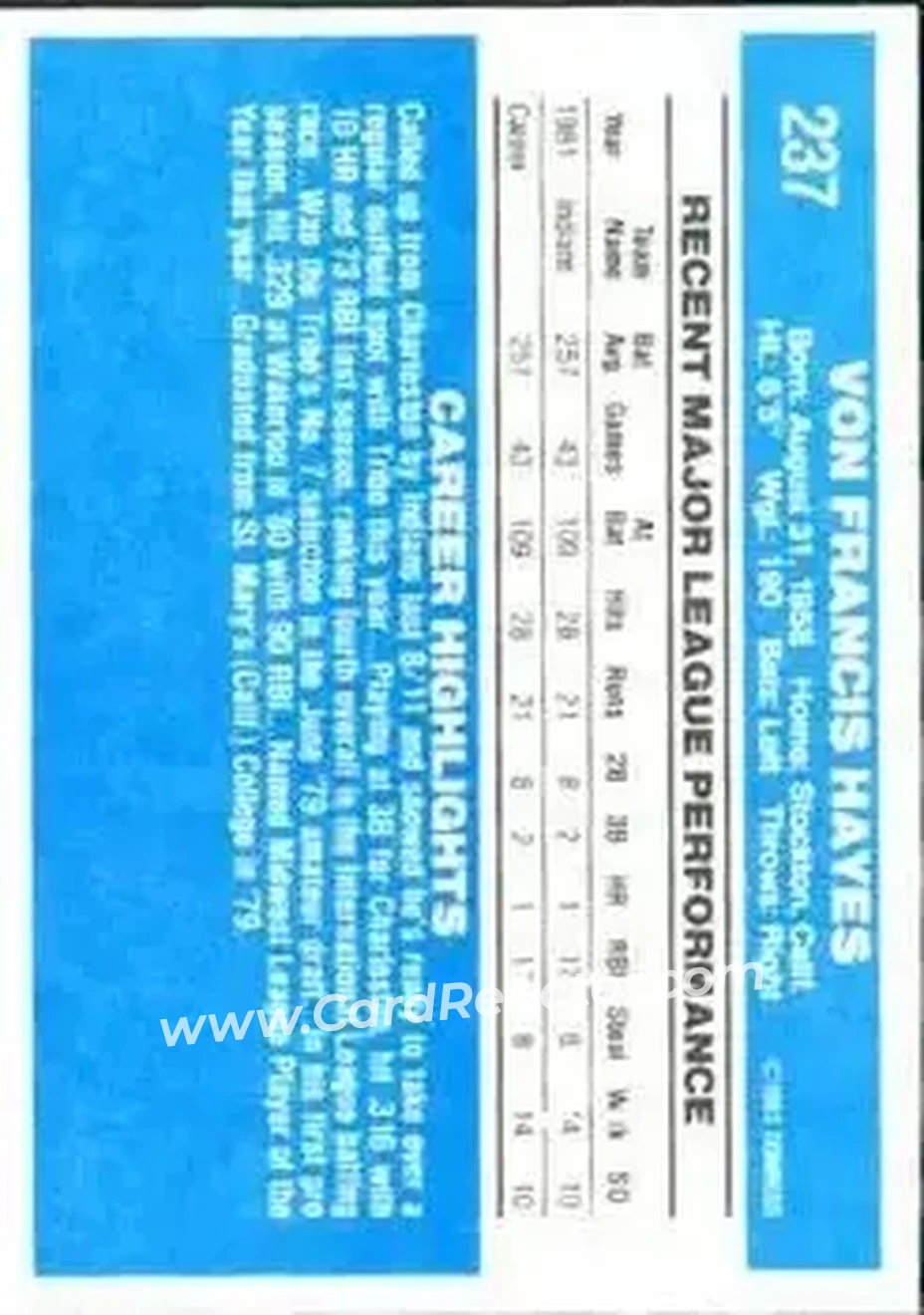 1982 Donruss #237 - Von Hayes - Cleveland Indians - Back 1982 Donruss #237 - Von Hayes - Cleveland Indians - Back
