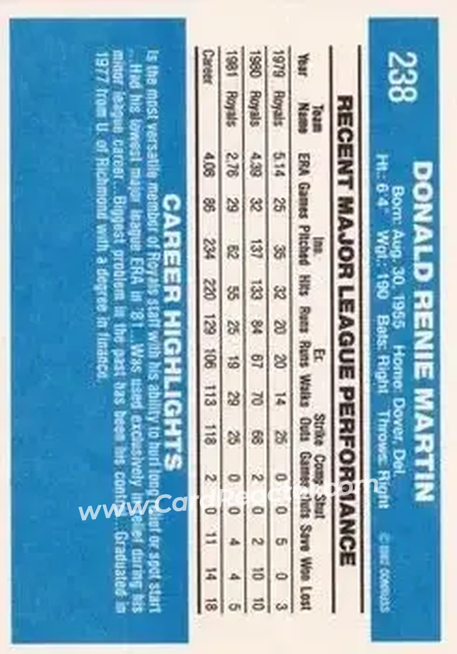 1982 Donruss #238 - Renie Martin - Kansas City Royals - Back 1982 Donruss #238 - Renie Martin - Kansas City Royals - Back