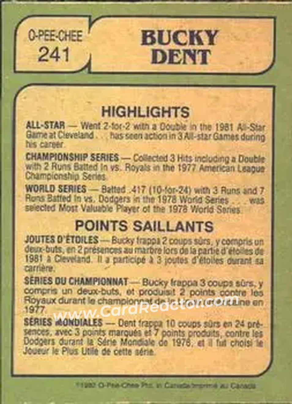 1982 O-Pee-Chee #241 - Bucky Dent - New York Yankees - Back 1982 O-Pee-Chee #241 - Bucky Dent - New York Yankees - Back