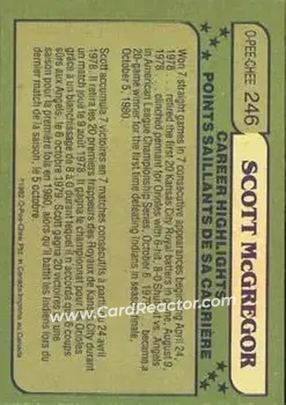 1982 O-Pee-Chee #246 - Scott McGregor - Baltimore Orioles - Back