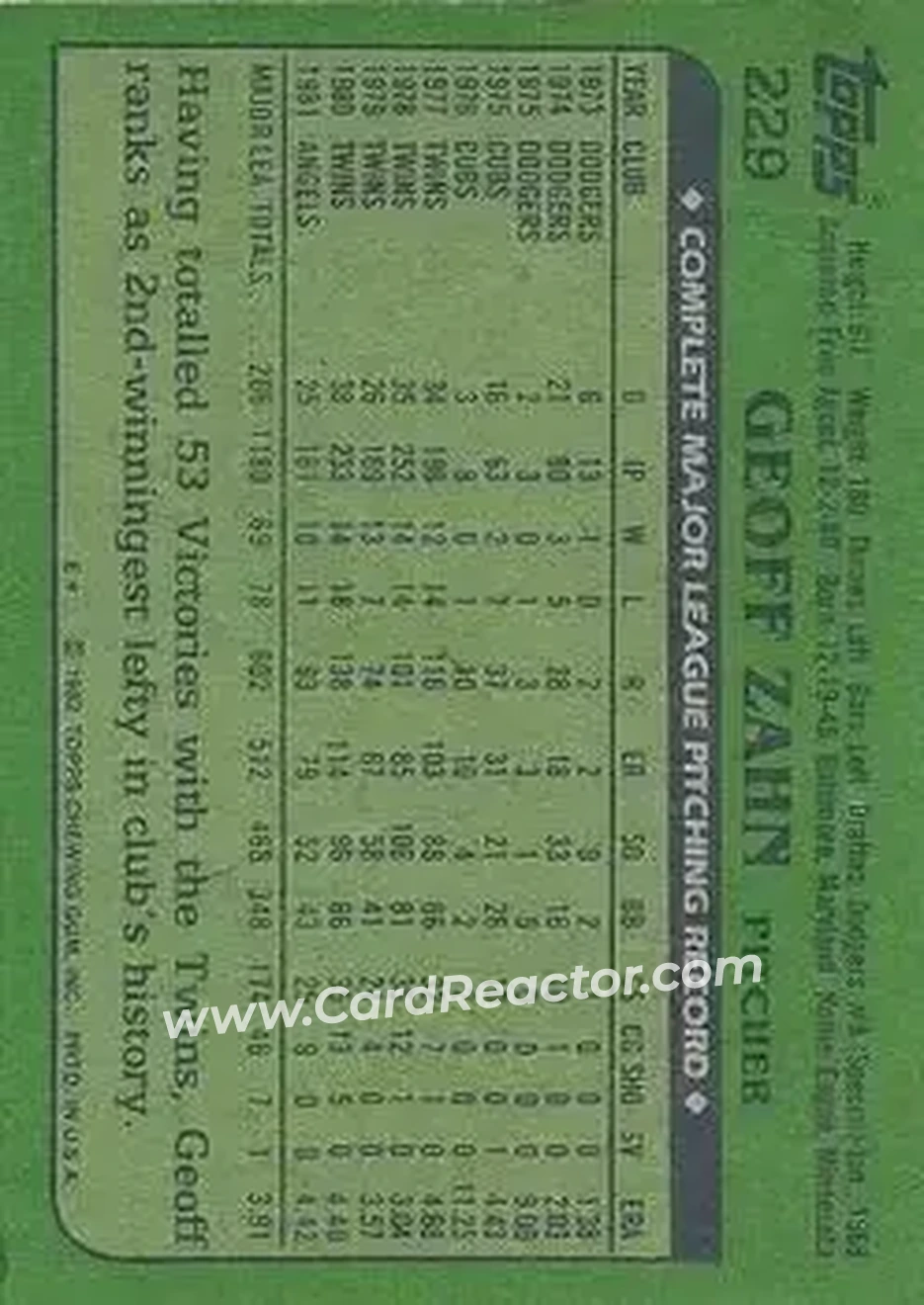 1982 Topps #229 - Geoff Zahn - California Angels - Back 1982 Topps #229 - Geoff Zahn - California Angels - Back
