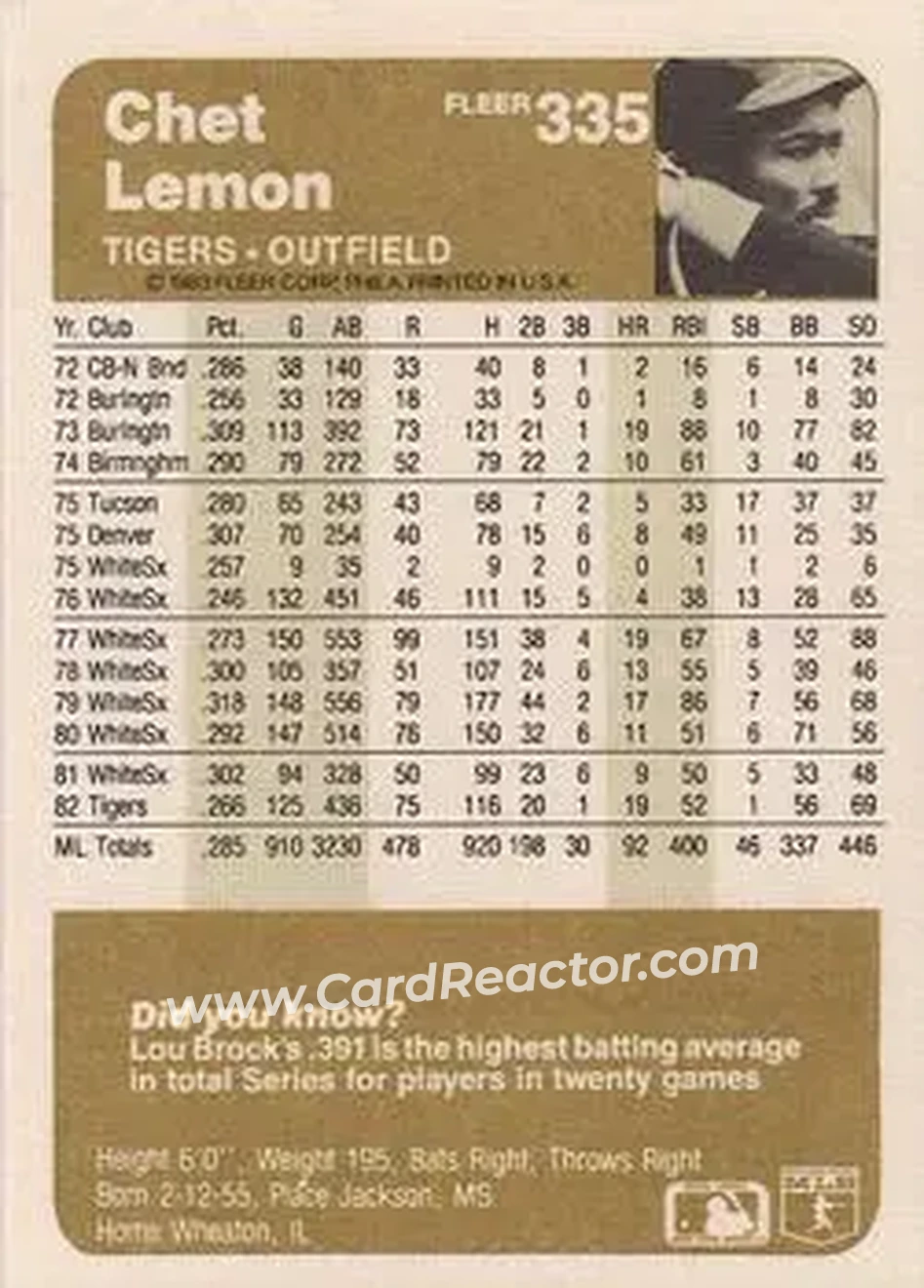 1983 Fleer #335 - Chet Lemon - Detroit Tigers - Back
