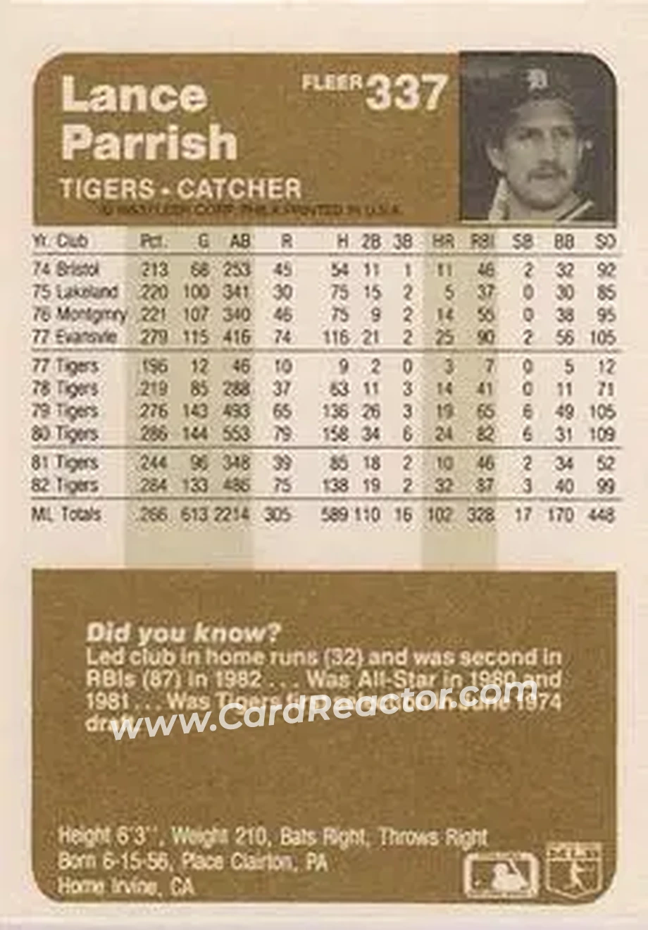 1983 Fleer #337 - Lance Parrish - Detroit Tigers - Back