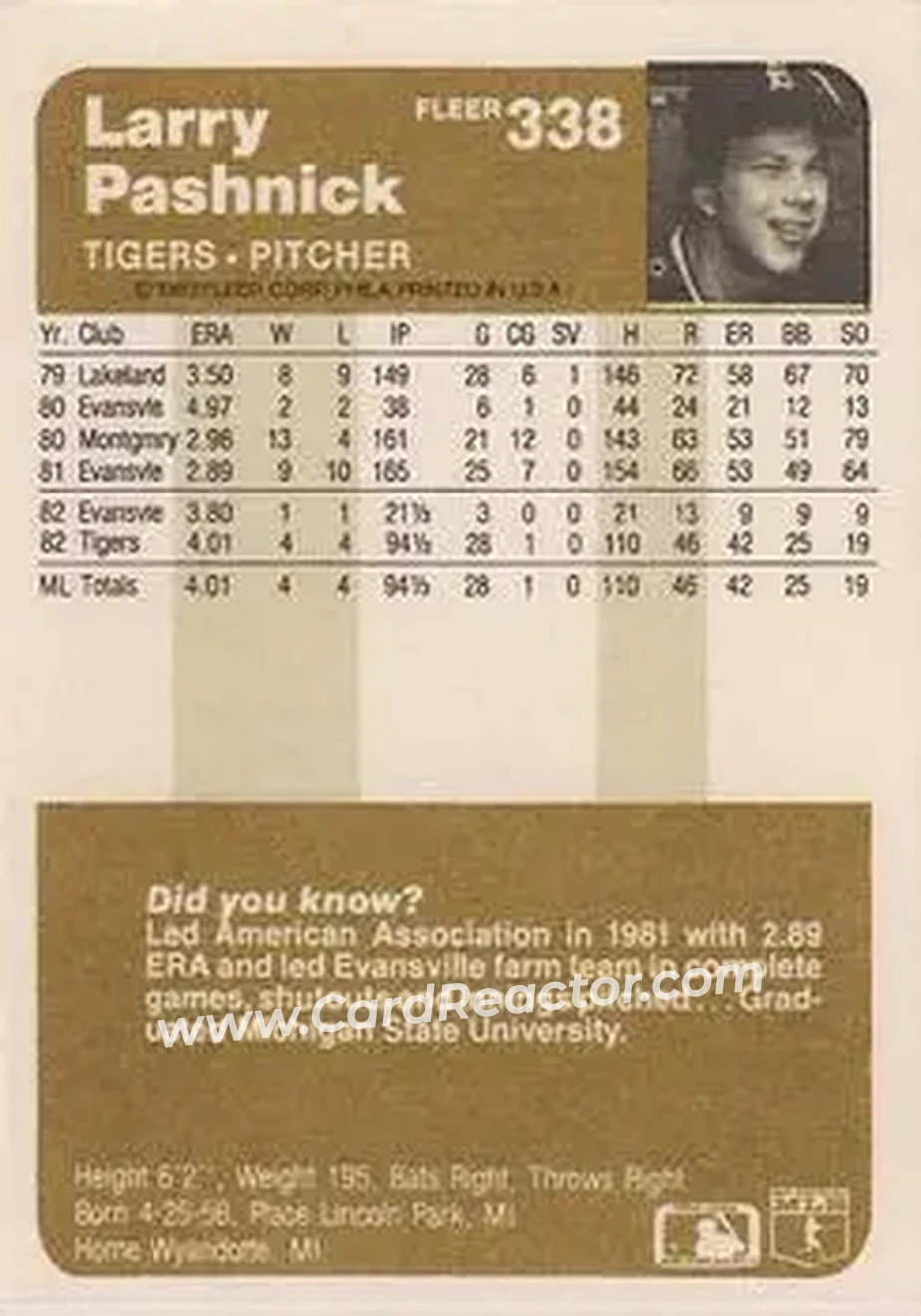 1983 Fleer #338 - Larry Pashnick - Detroit Tigers - Back 1983 Fleer #338 - Larry Pashnick - Detroit Tigers - Back