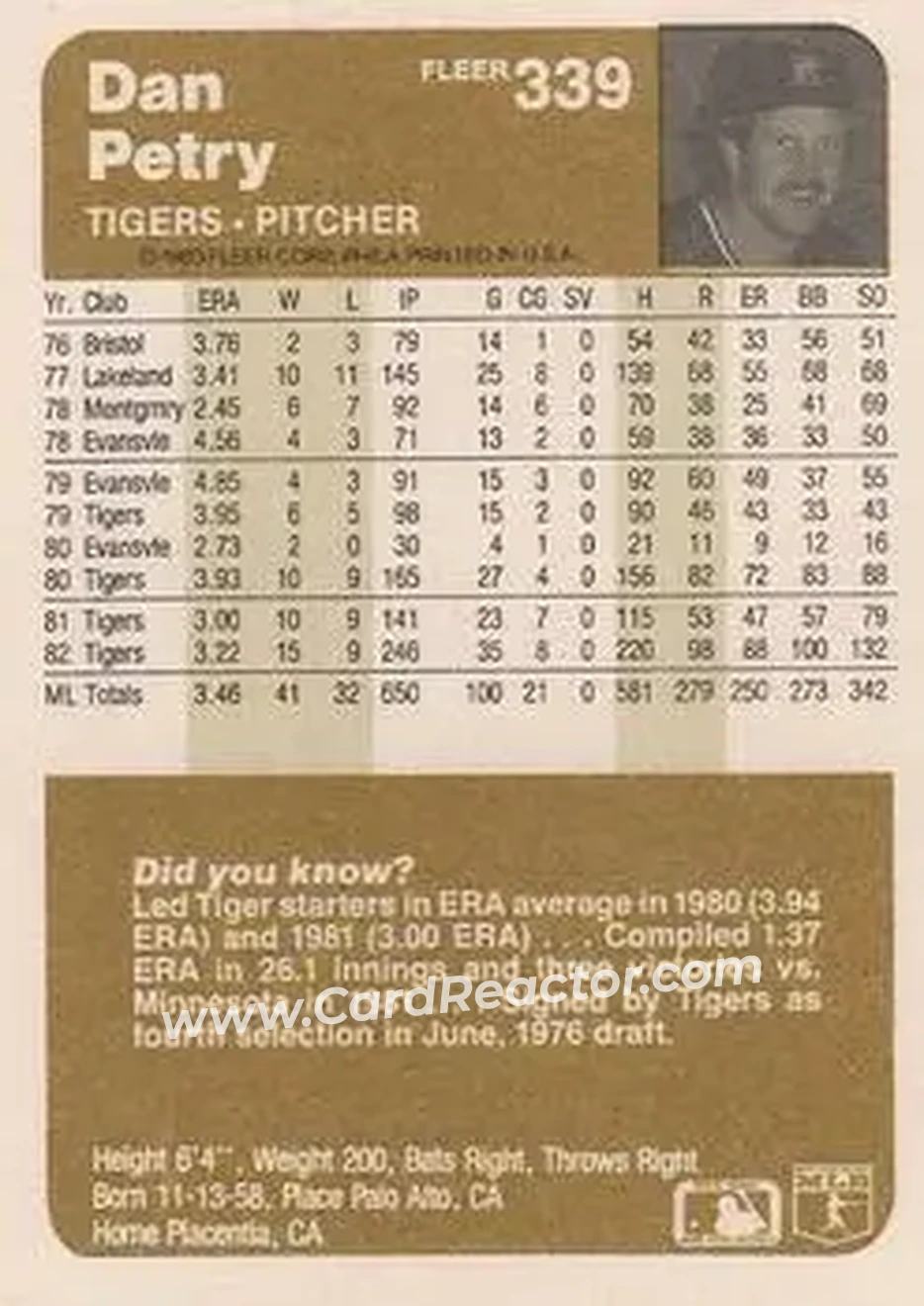 1983 Fleer #339 - Dan Petry - Detroit Tigers - Back