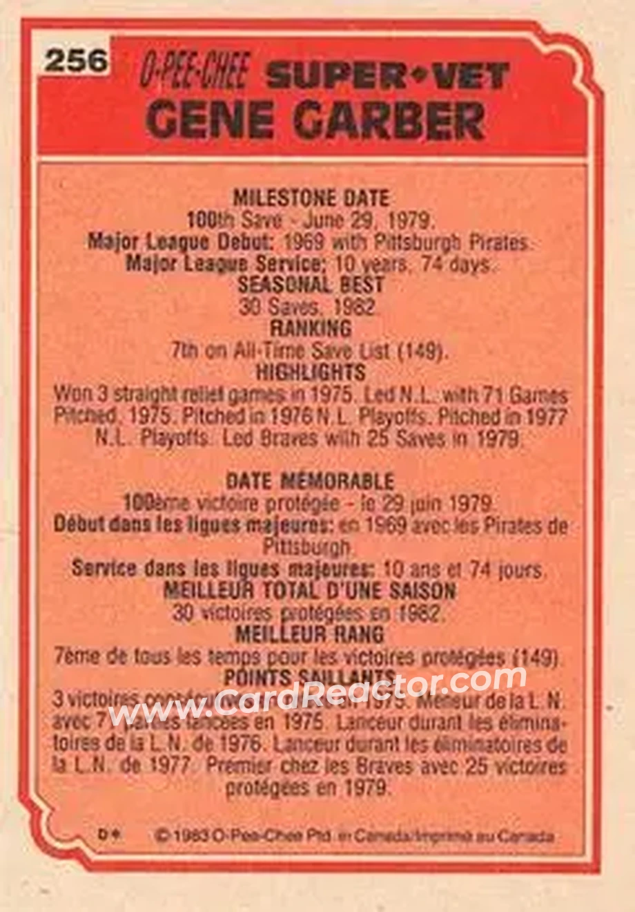 1983 O-Pee-Chee #256 - Gene Garber - Back 1983 O-Pee-Chee #256 - Gene Garber - Back