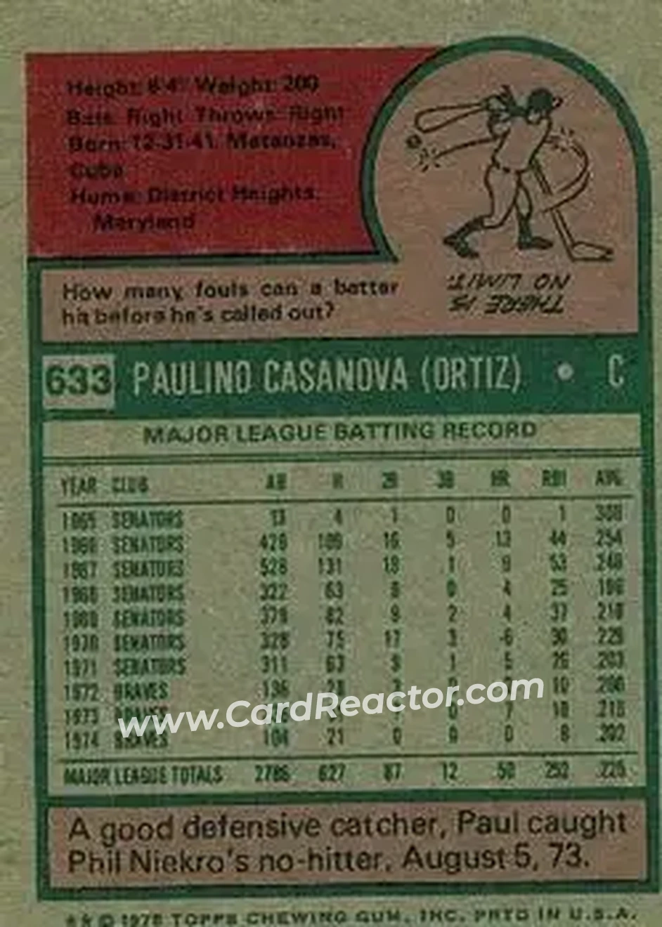 1975 Topps #633 - Paul Casanova - Atlanta Braves - Back 1975 Topps #633 - Paul Casanova - Atlanta Braves - Back