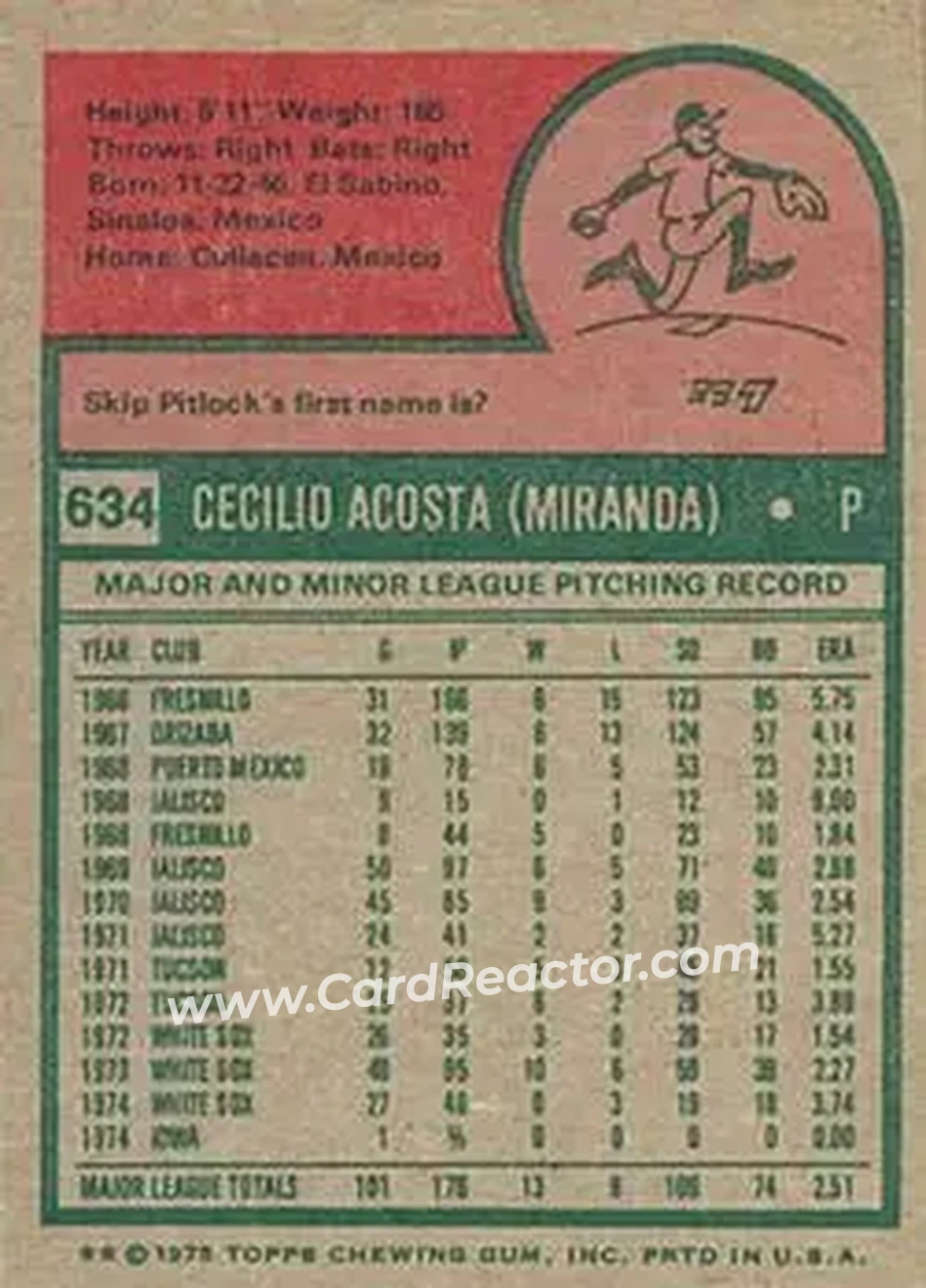 1975 Topps #634 - Cy Acosta - Chicago White Sox - Back