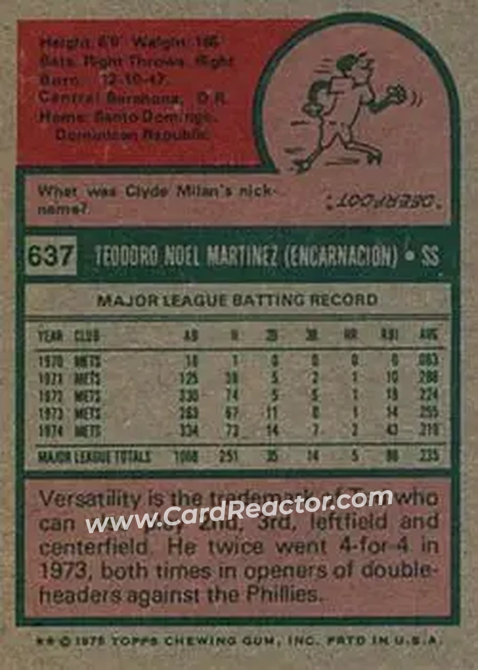 1975 Topps #637 - Ted Martinez - New York Mets - Back 1975 Topps #637 - Ted Martinez - New York Mets - Back